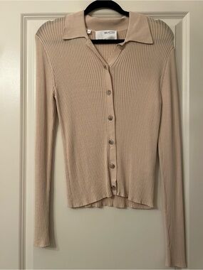 Selected Femme Beige Ribbed Button-Front Collared Top